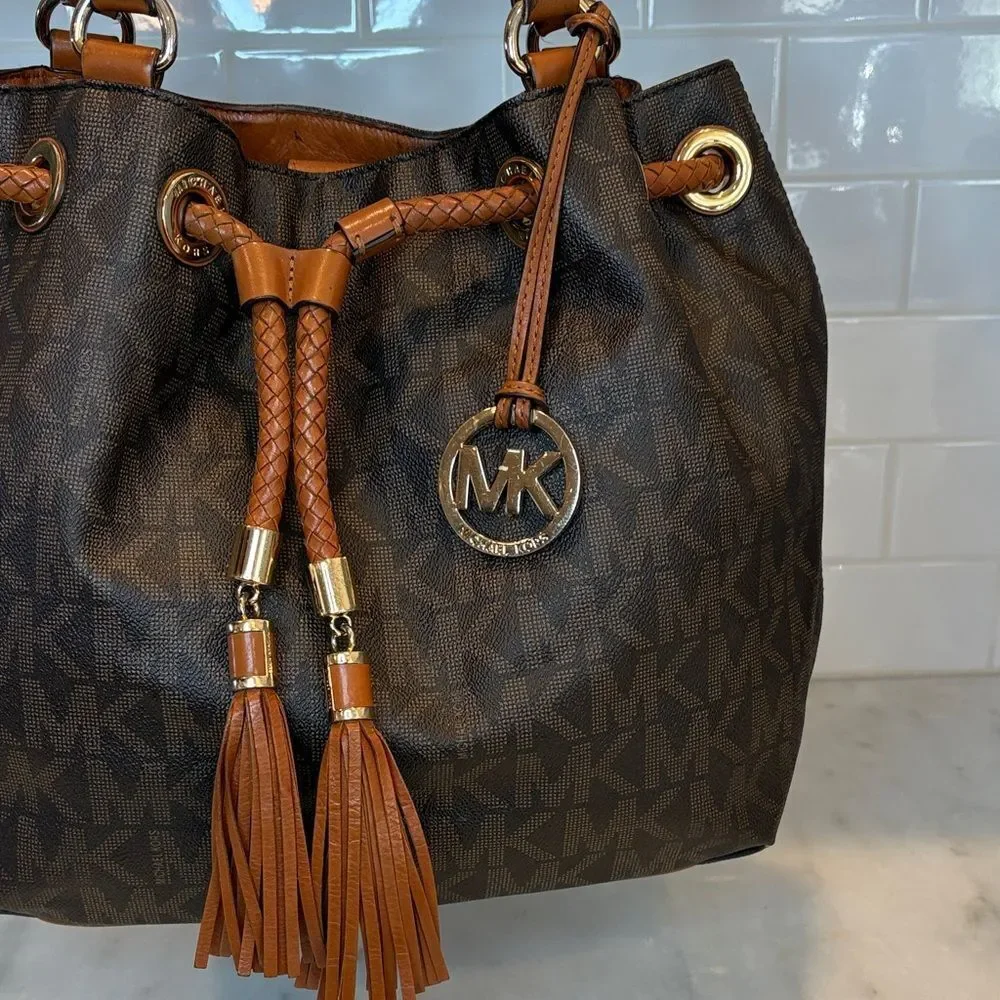 Michael Kors Bag Purse Handbag Leather Marina Signature Drawstring Tote Shoulder
